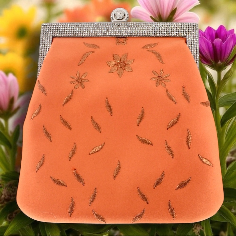 AUTHENTIC Vintage Versace Orange‎ Floral Embroider Jewel Clutch Special Occasion